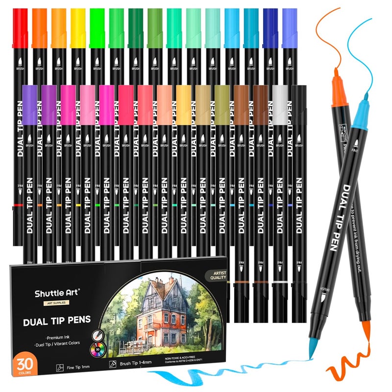 Shuttle Art Dual Tip Brush Marker Pens, 30 Colors Dual Tip Calligraphy Pens Fine and Brush Tip Markers Set, Water-based Ink Perfect for Kids Adult Artist Calligraphy Journal Doodling Writing - Image 1